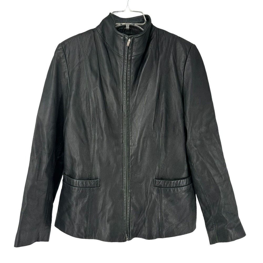 JLC New York Genuine Soft Leather Jacket Solid Black Womens Size M Full Zip Moto